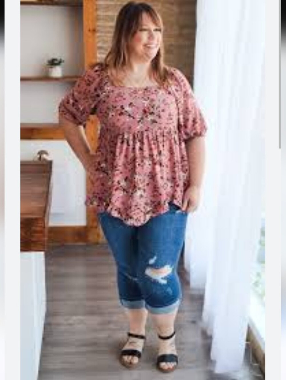 NWT Oddi "Just So Sweet Dusty Rose🥀Floral Print Smocked Puff Sleeve Top" Medium - Picture 12 of 12
